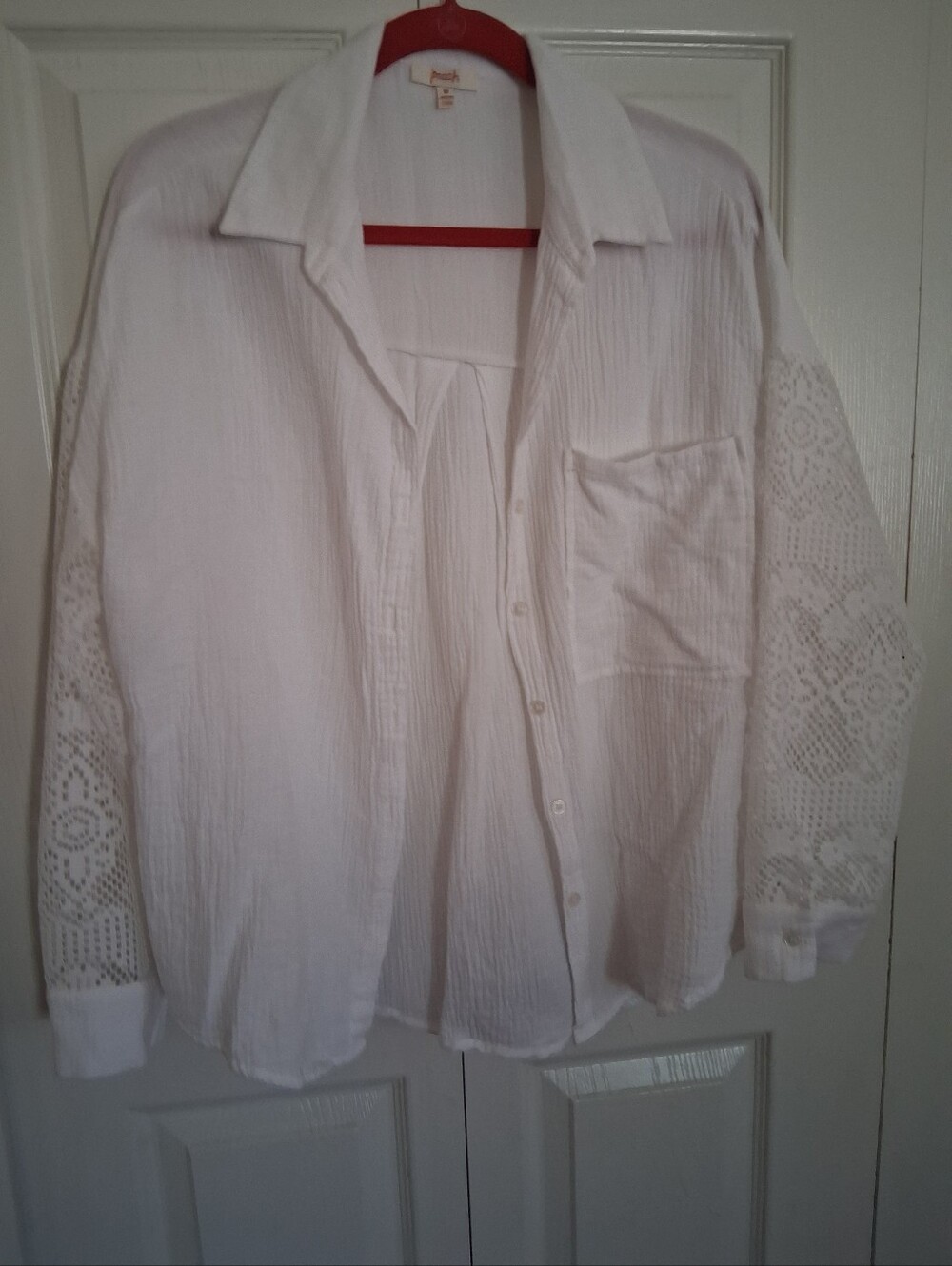 White Button-Front Textured Shirt with Lace Sleeves